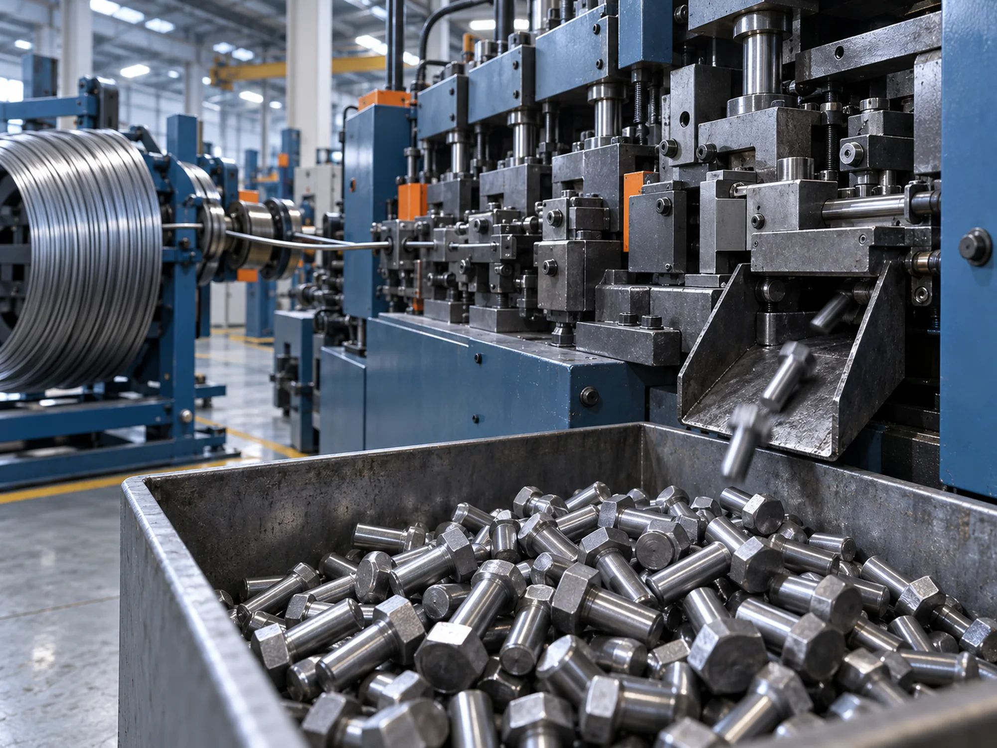 Cold forging machine heading bolt blanks from steel wire