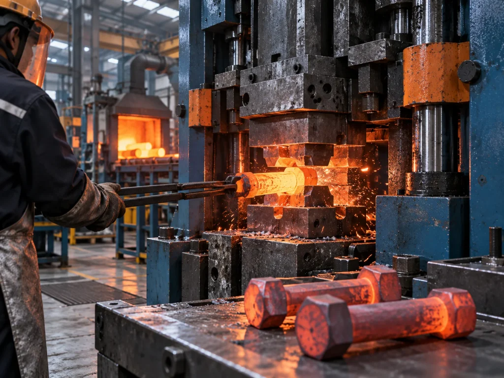 Hot forging press shaping a glowing steel billet