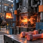 Hot forging press shaping a glowing steel billet