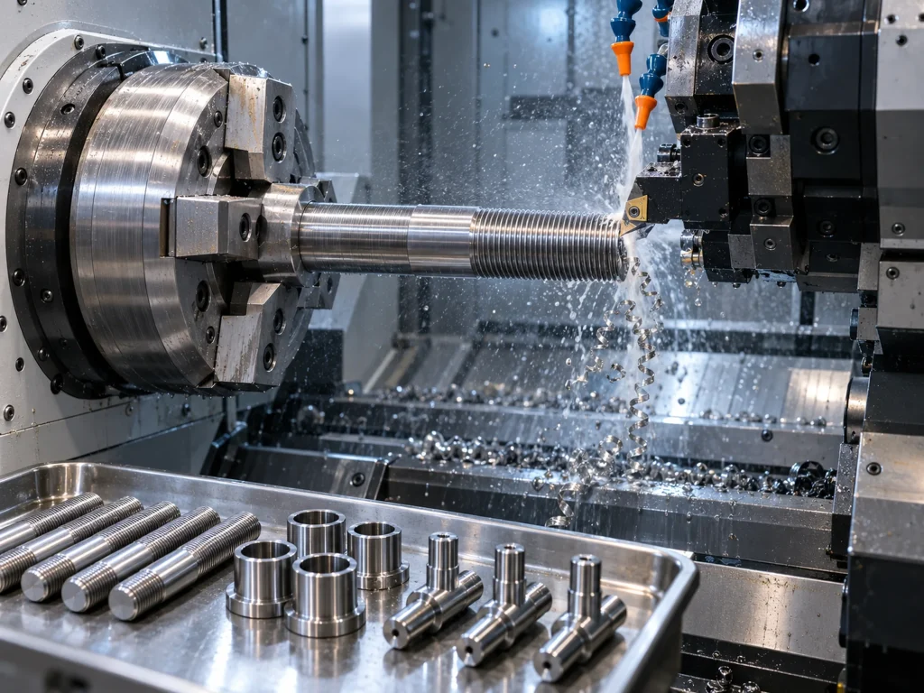 CNC lathe cutting a thread on a steel stud